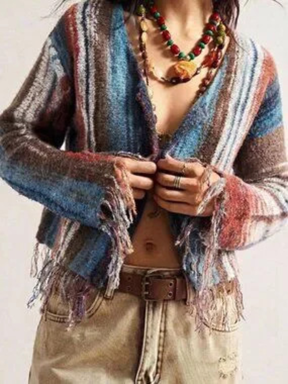 ZARA Multicolor Casual Women's Boho Stripe Drop Shoulder Long Sleeve Cardigan